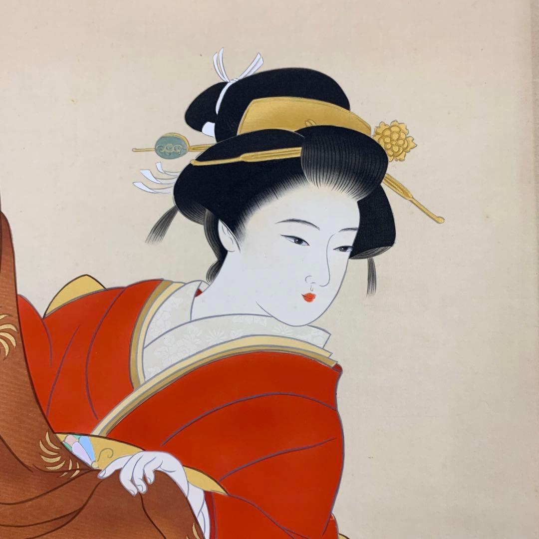 【掛軸】北澤利輝「鐘獅子」共箱 美人画