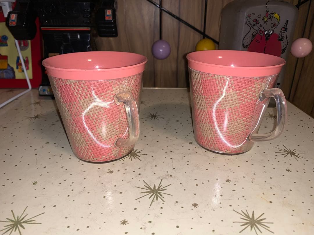 ビンテージ　レア　セット　ブロックチェック柄　ラフィアカップ　ミッドセンチュリー