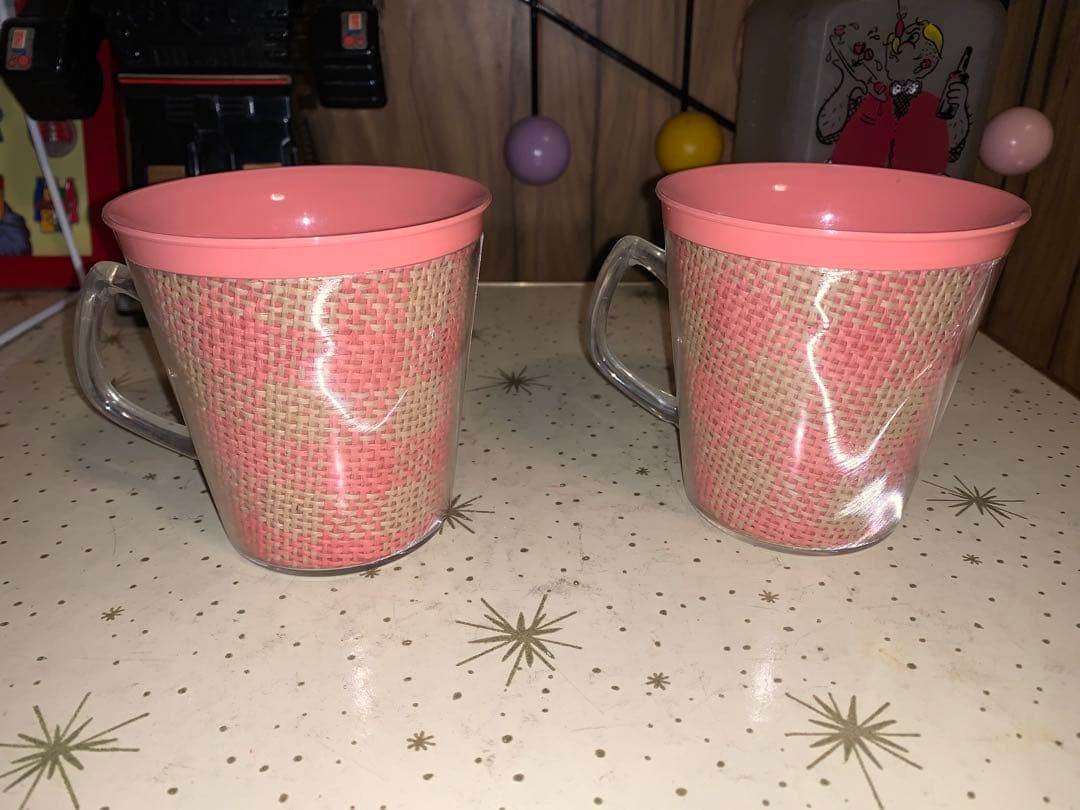 ビンテージ　レア　セット　ブロックチェック柄　ラフィアカップ　ミッドセンチュリー