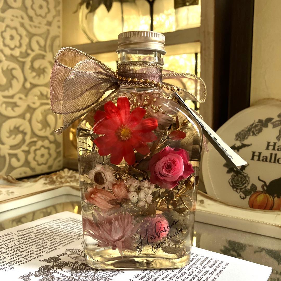 ◆ハーバリウム　250 赤いバラとジニアのbottle*.:。✿*゜¨