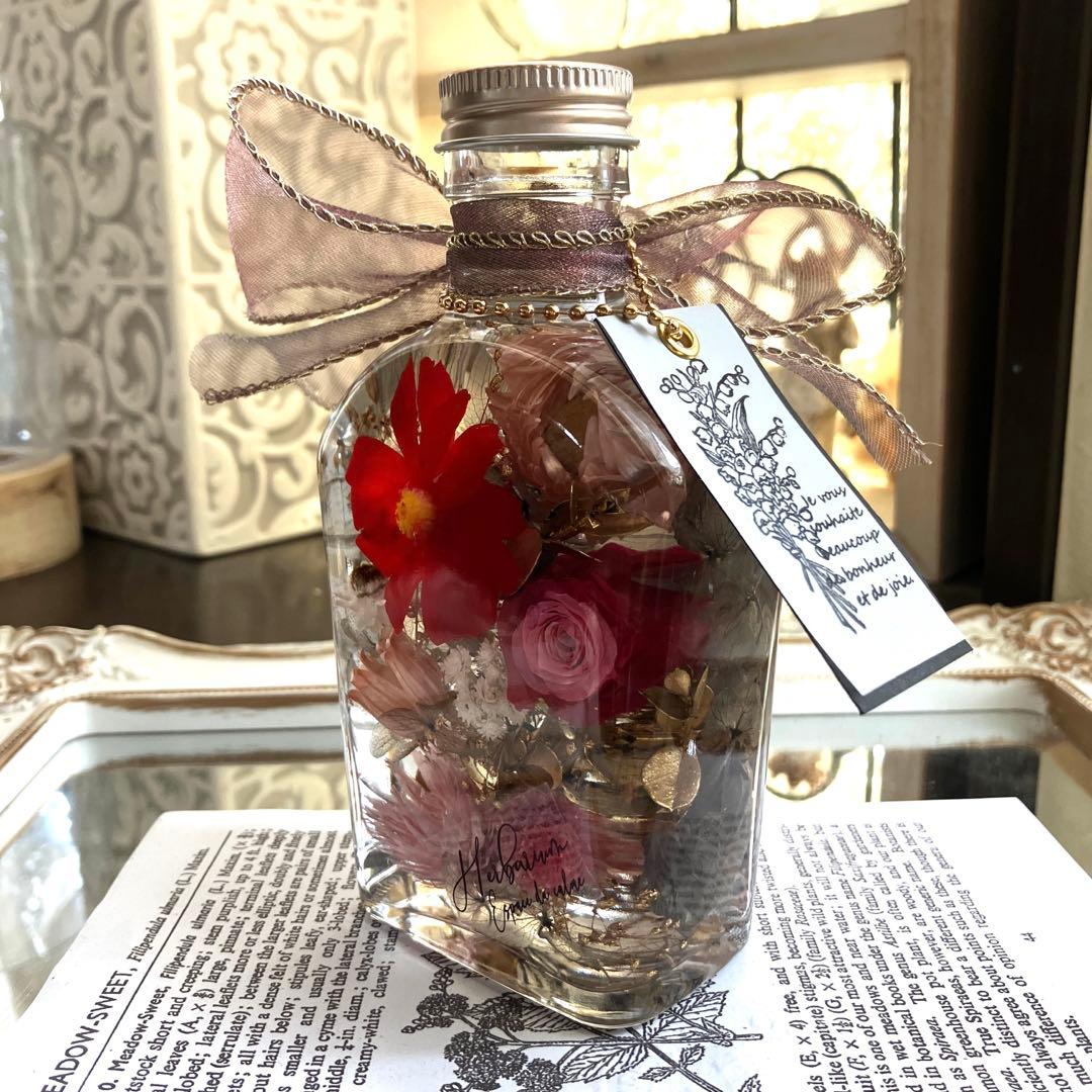 ◆ハーバリウム　250 赤いバラとジニアのbottle*.:。✿*゜¨