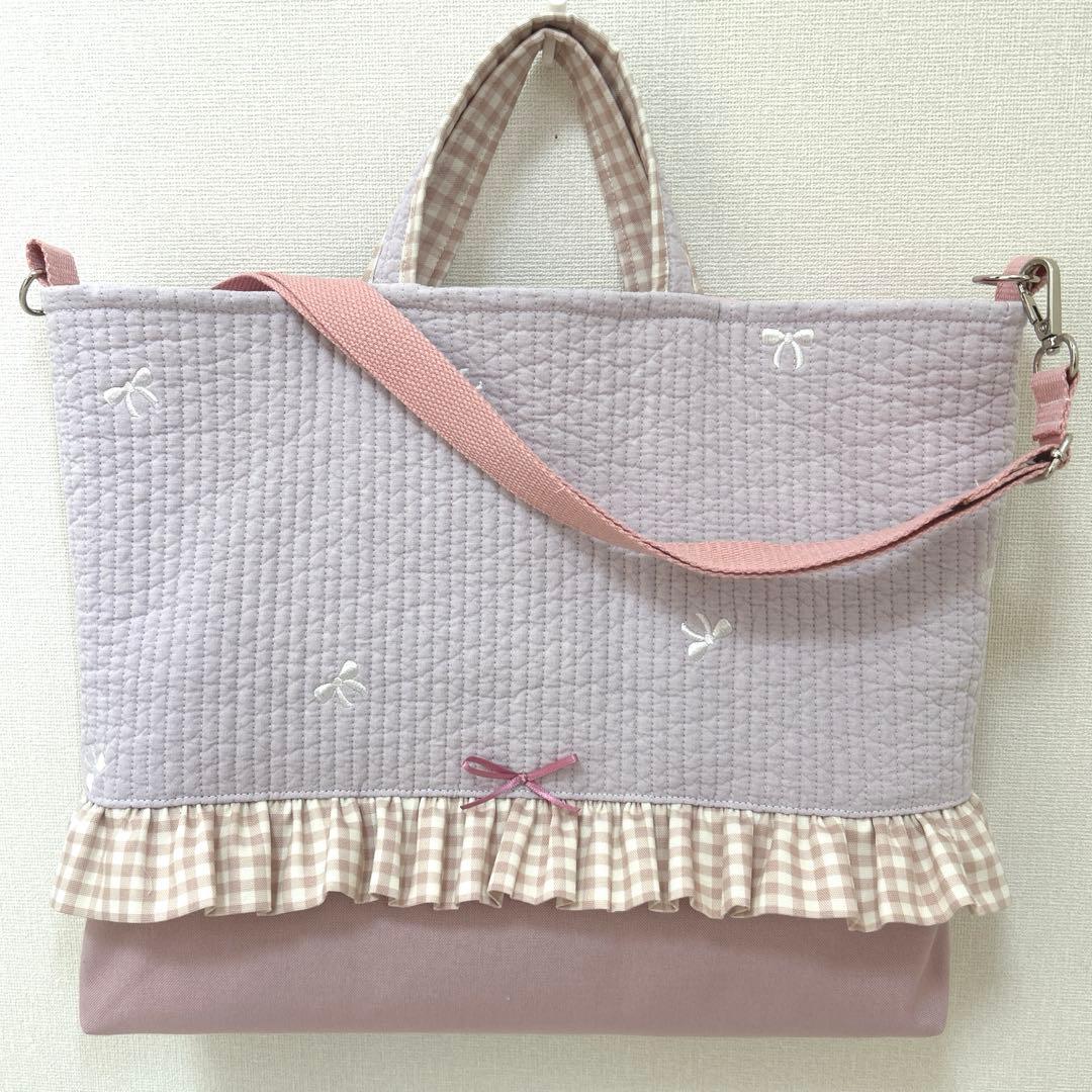 入園入学3点セット　【紫リボンヌビ×くすみピンク】　女の子　レッスンバッグ　靴袋