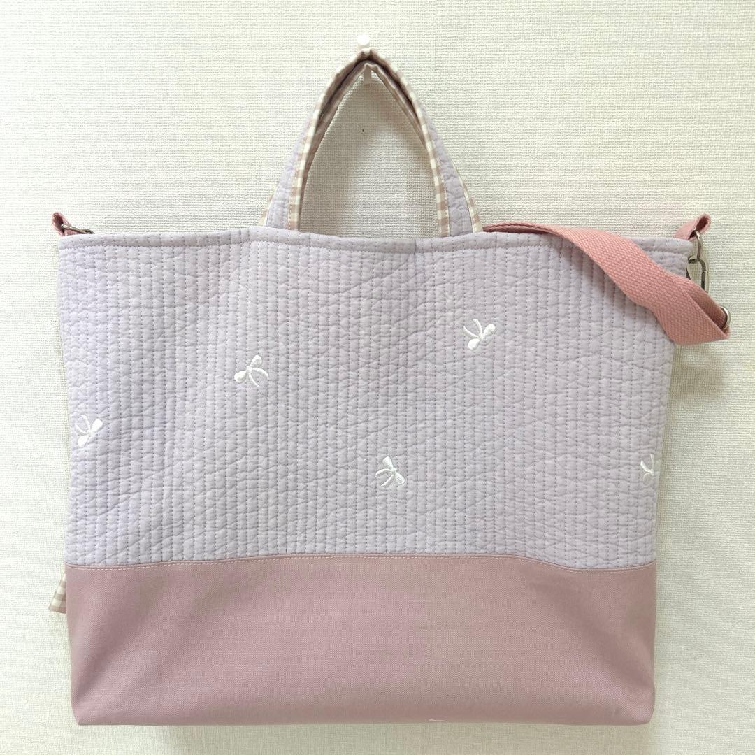 入園入学3点セット　【紫リボンヌビ×くすみピンク】　女の子　レッスンバッグ　靴袋