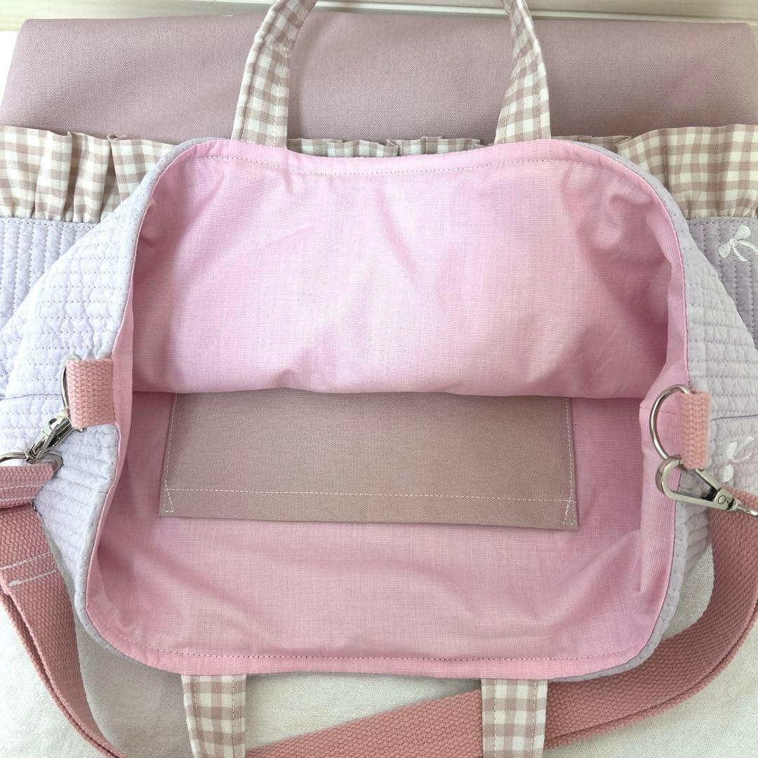 入園入学3点セット　【紫リボンヌビ×くすみピンク】　女の子　レッスンバッグ　靴袋