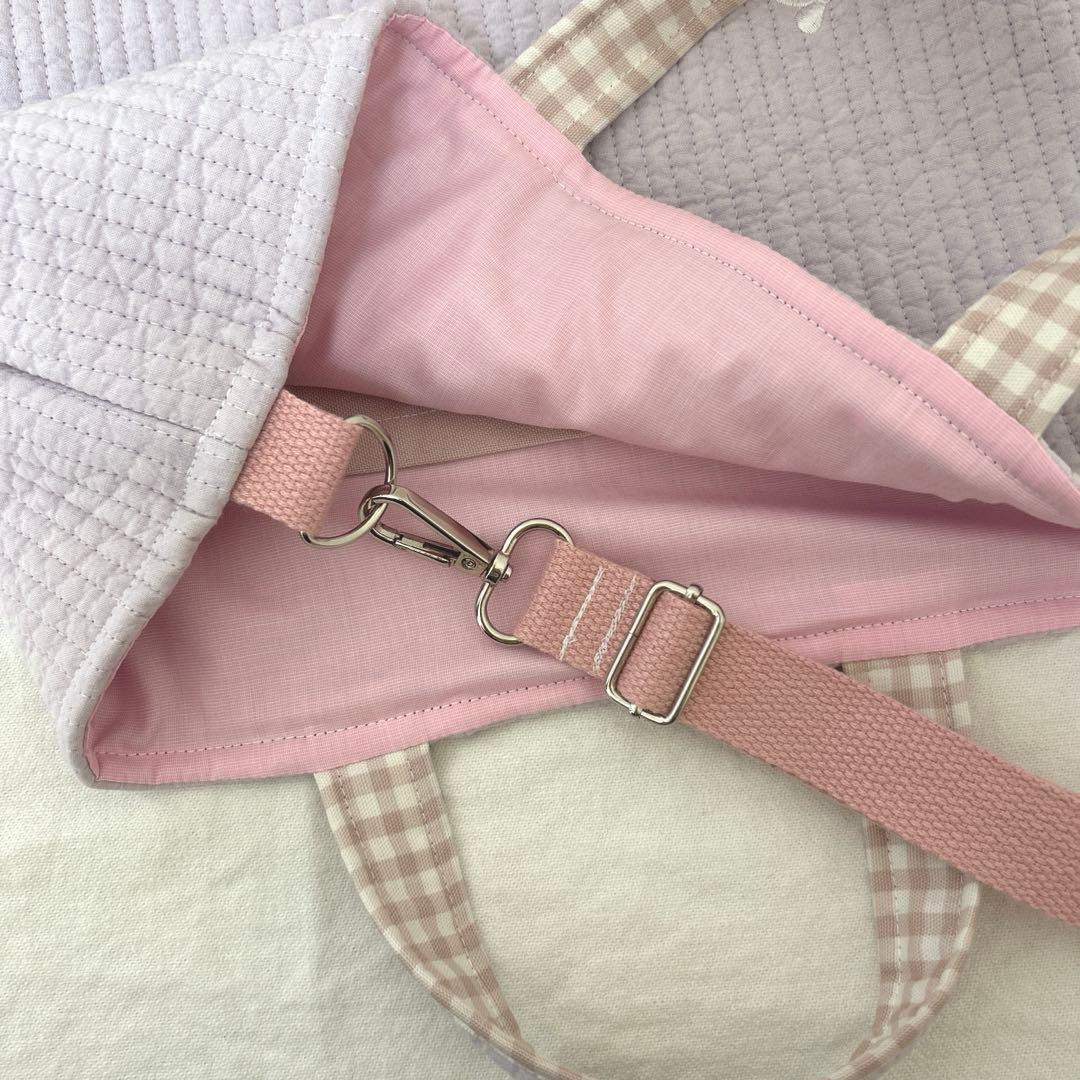 入園入学3点セット　【紫リボンヌビ×くすみピンク】　女の子　レッスンバッグ　靴袋