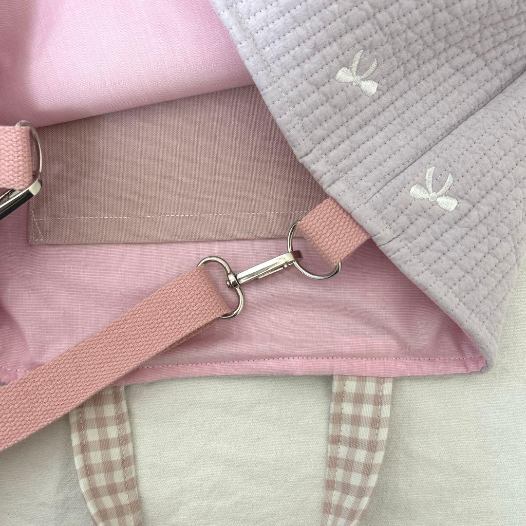 入園入学3点セット　【紫リボンヌビ×くすみピンク】　女の子　レッスンバッグ　靴袋