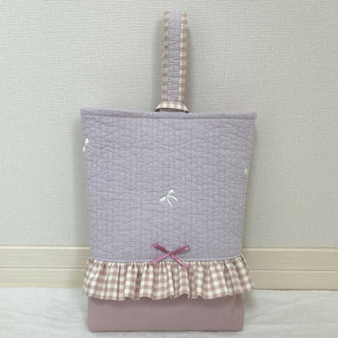 入園入学3点セット　【紫リボンヌビ×くすみピンク】　女の子　レッスンバッグ　靴袋