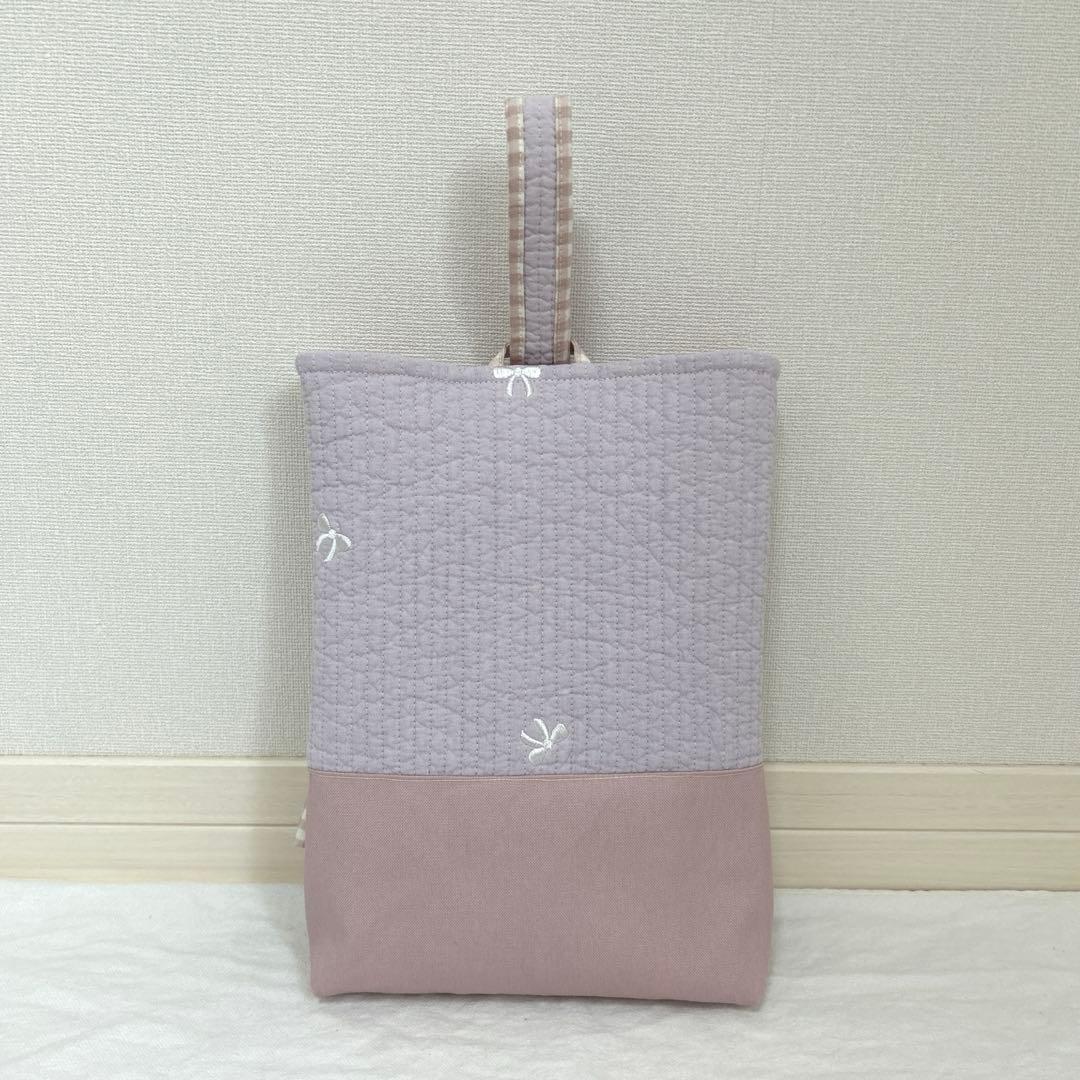 入園入学3点セット　【紫リボンヌビ×くすみピンク】　女の子　レッスンバッグ　靴袋