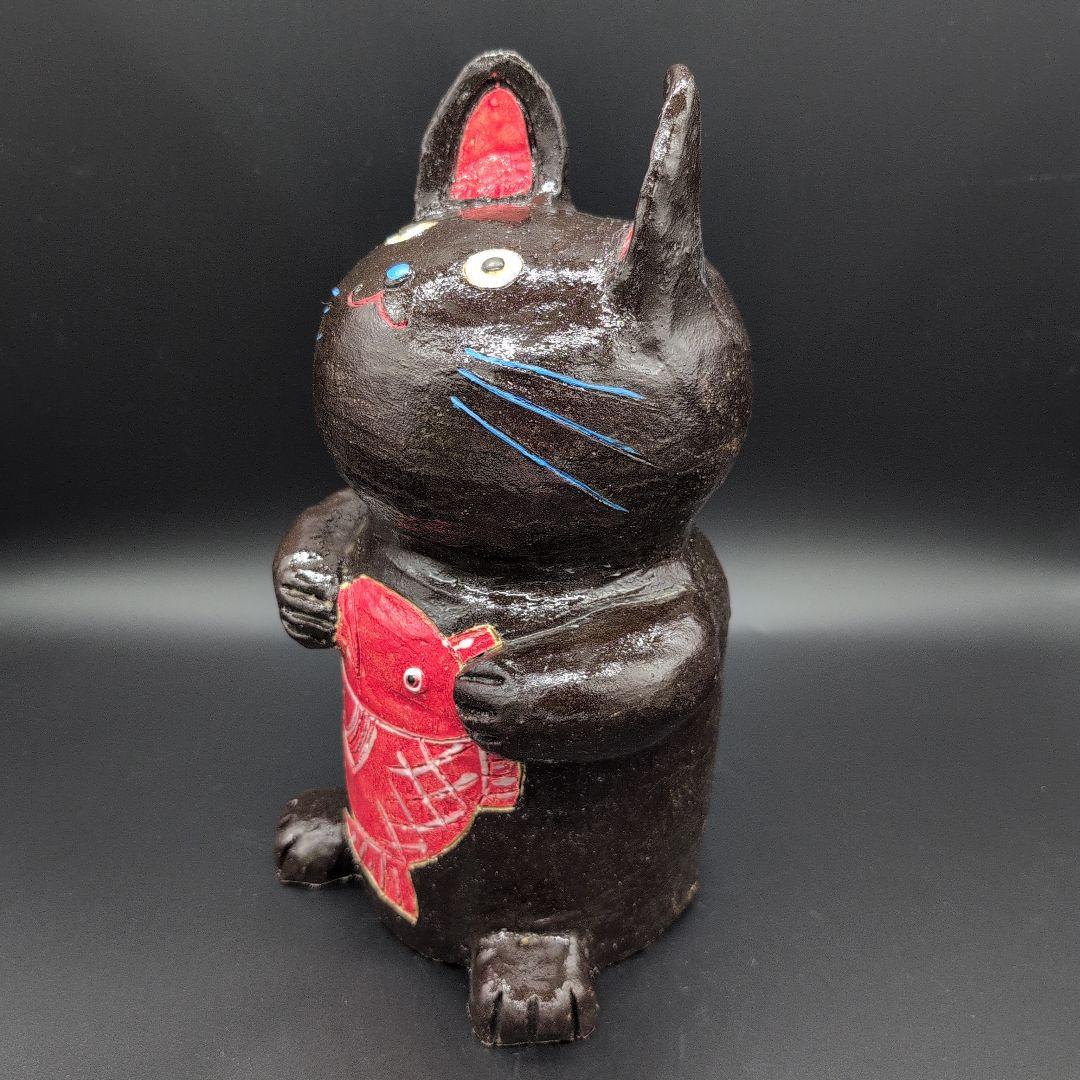 【新品未使用】縁起物 癒し 鯛持ち ネコ (黒) 特大 招き猫 瀬戸焼