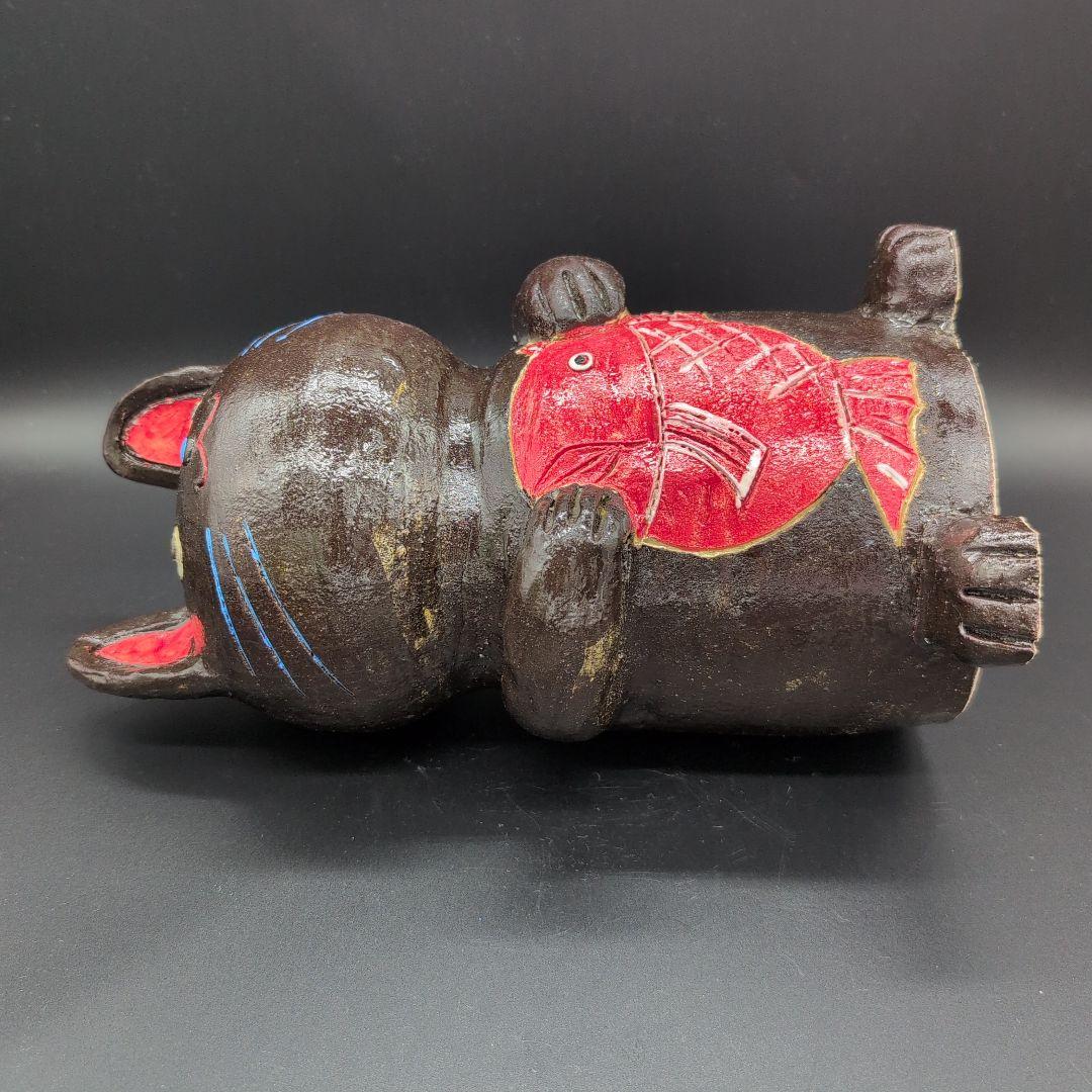 【新品未使用】縁起物 癒し 鯛持ち ネコ (黒) 特大 招き猫 瀬戸焼