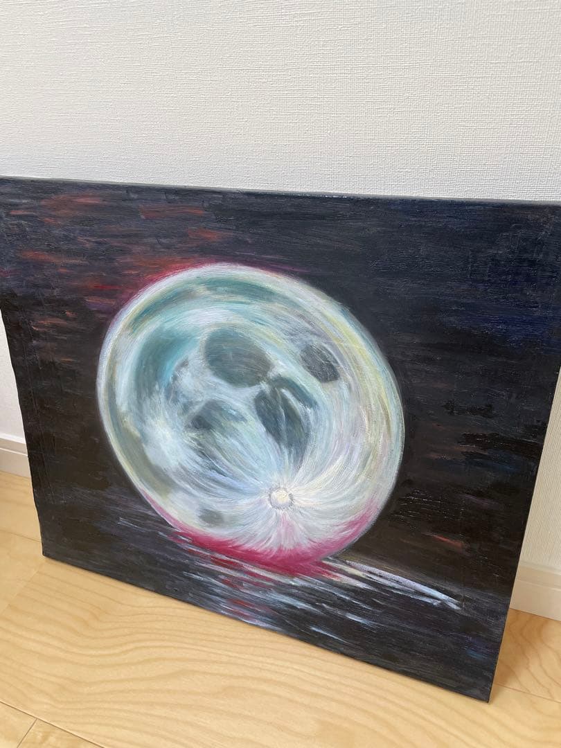 値引き中！油絵　月　幻想的な月の油彩画　はじまり　海　水　浮かぶ月