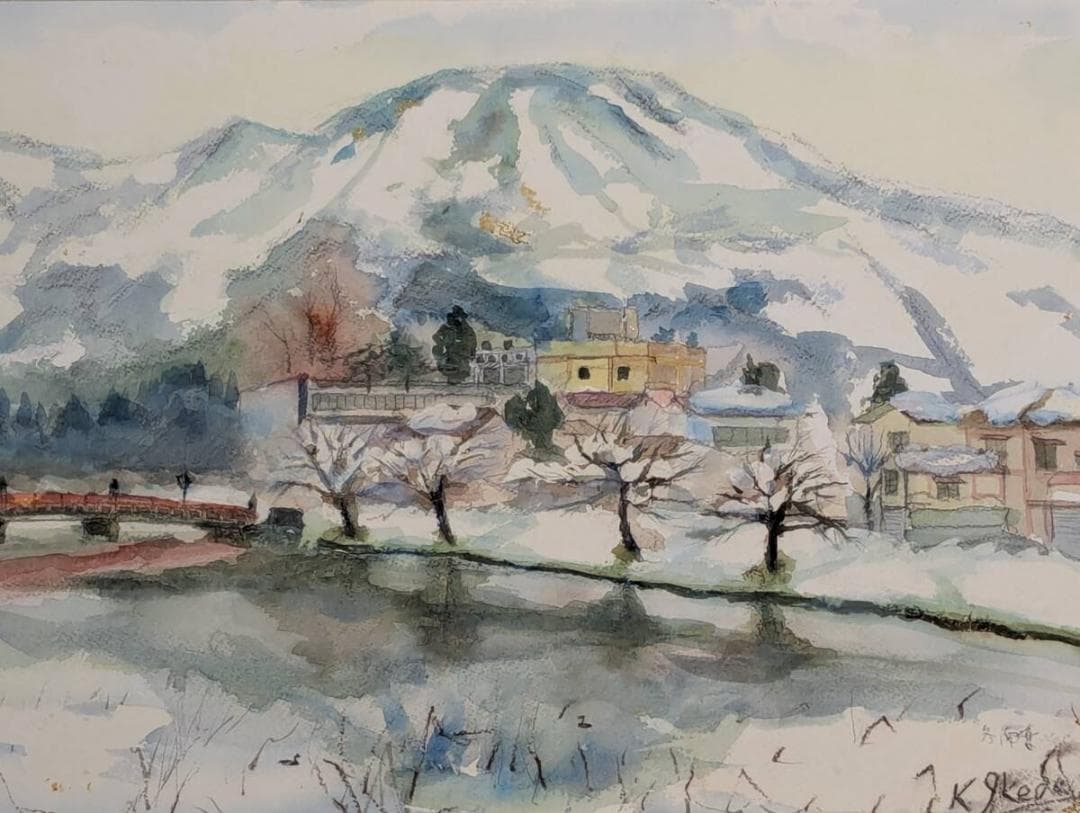 【真作】絵画　水彩　雪山と山里の冬景色　冬の山村風景　静かな雪景色　Z52