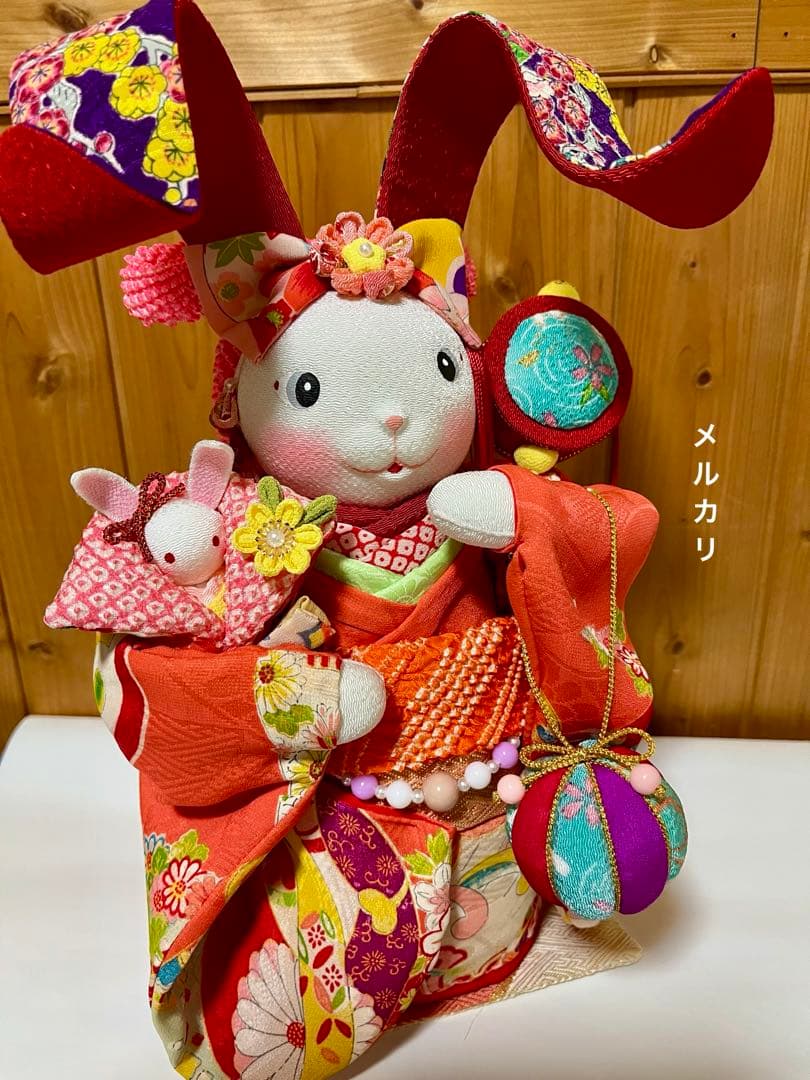 【㉒うさぎの創作人形】　耳長ウサギ　ちりめん細工　縮緬細工　和雑貨　うさぎの置物