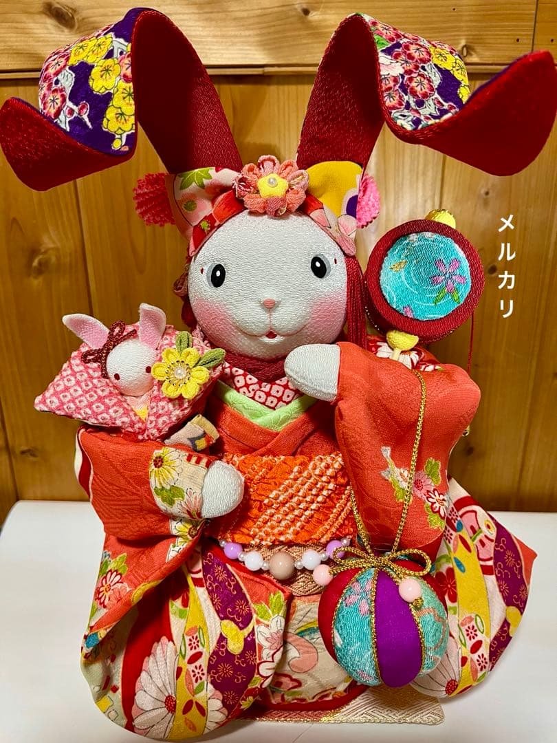 【㉒うさぎの創作人形】　耳長ウサギ　ちりめん細工　縮緬細工　和雑貨　うさぎの置物