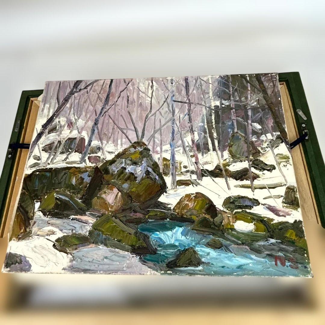 下山宣彦「奥入瀬の春（十和田湖・青森県）」油絵　F6号　購入時の箱付