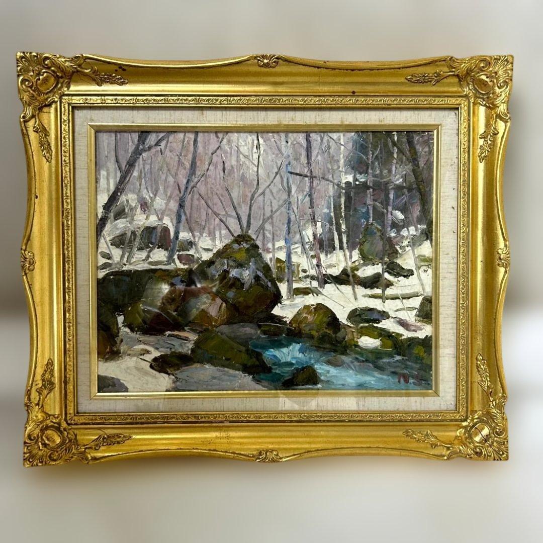 下山宣彦「奥入瀬の春（十和田湖・青森県）」油絵　F6号　購入時の箱付