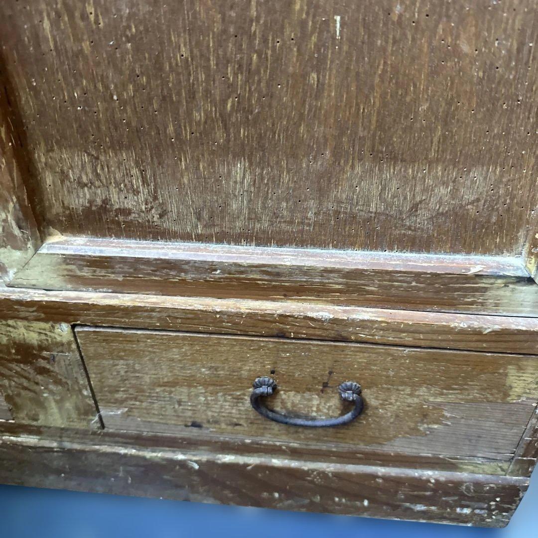 ヴィンテージ　大正ガラス❗️木製ブラウンチェスト 5引き出し ガラス窓付き