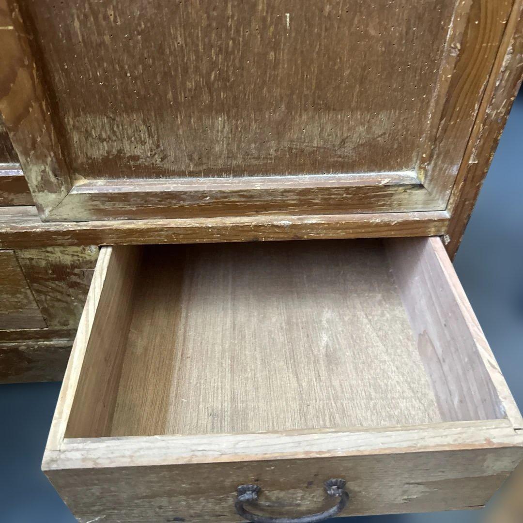 ヴィンテージ　大正ガラス❗️木製ブラウンチェスト 5引き出し ガラス窓付き