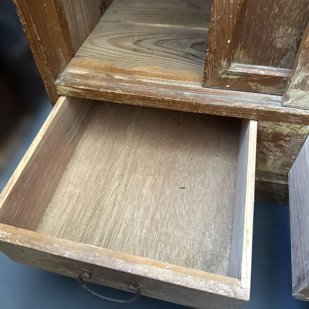 ヴィンテージ　大正ガラス❗️木製ブラウンチェスト 5引き出し ガラス窓付き