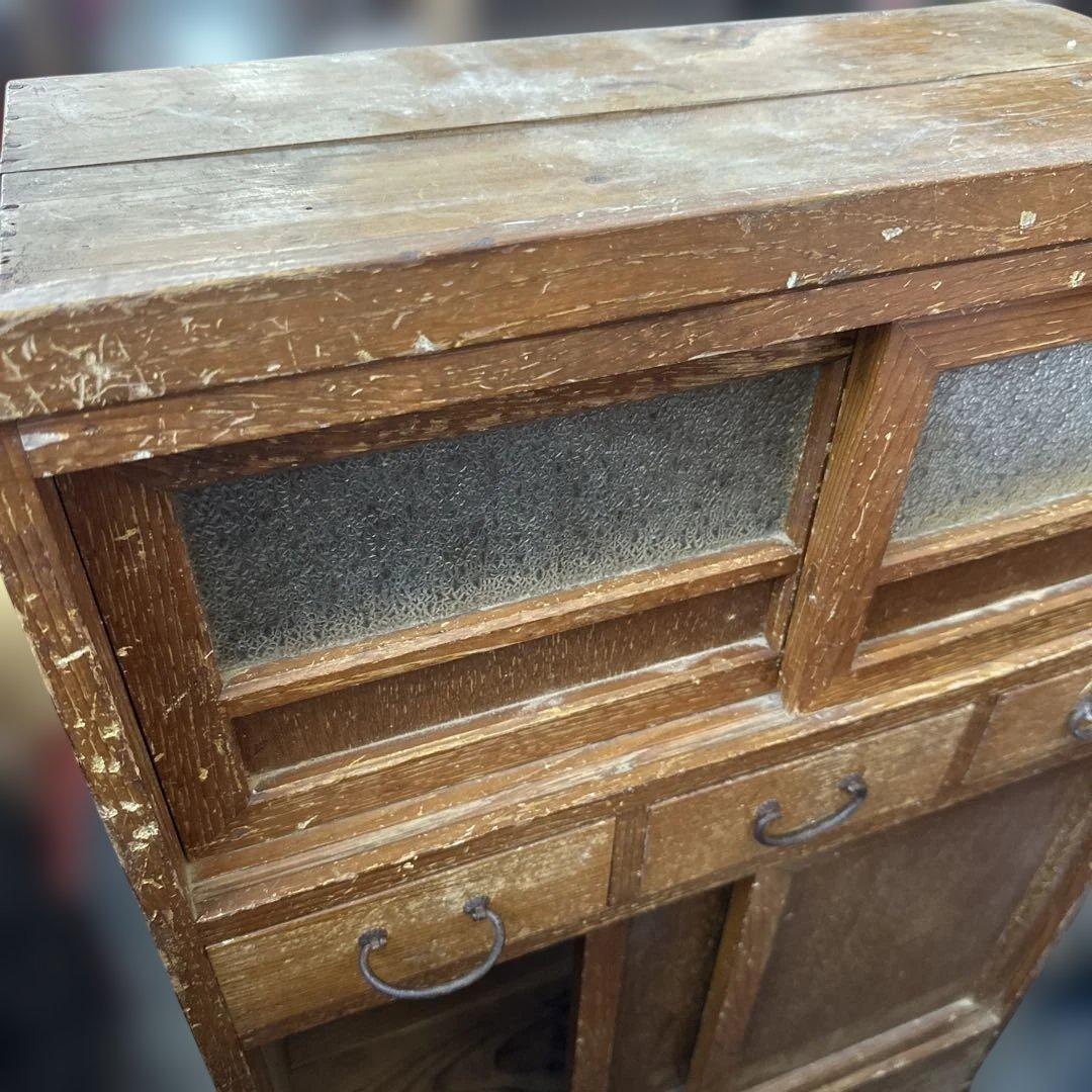 ヴィンテージ　大正ガラス❗️木製ブラウンチェスト 5引き出し ガラス窓付き