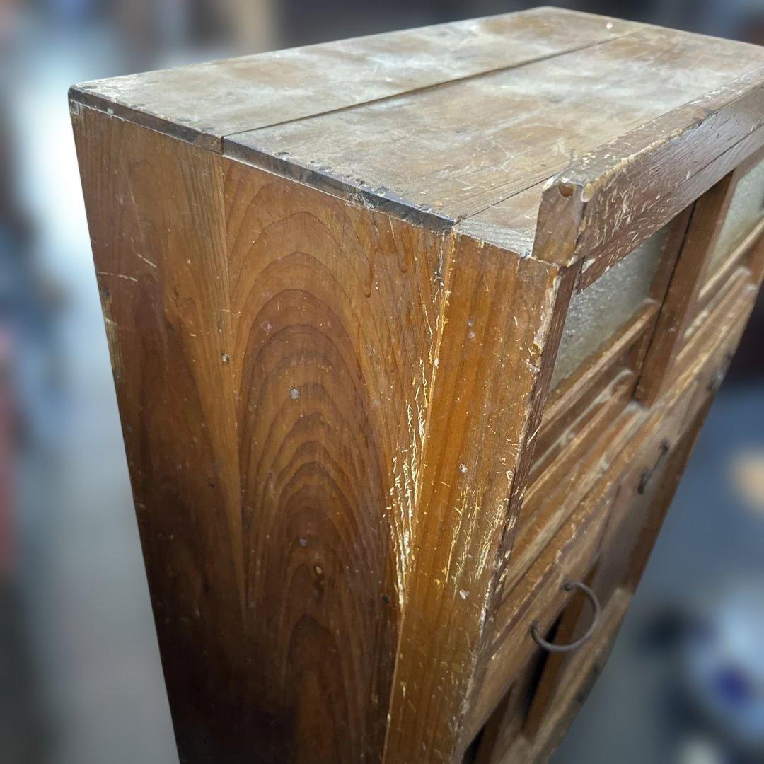 ヴィンテージ　大正ガラス❗️木製ブラウンチェスト 5引き出し ガラス窓付き