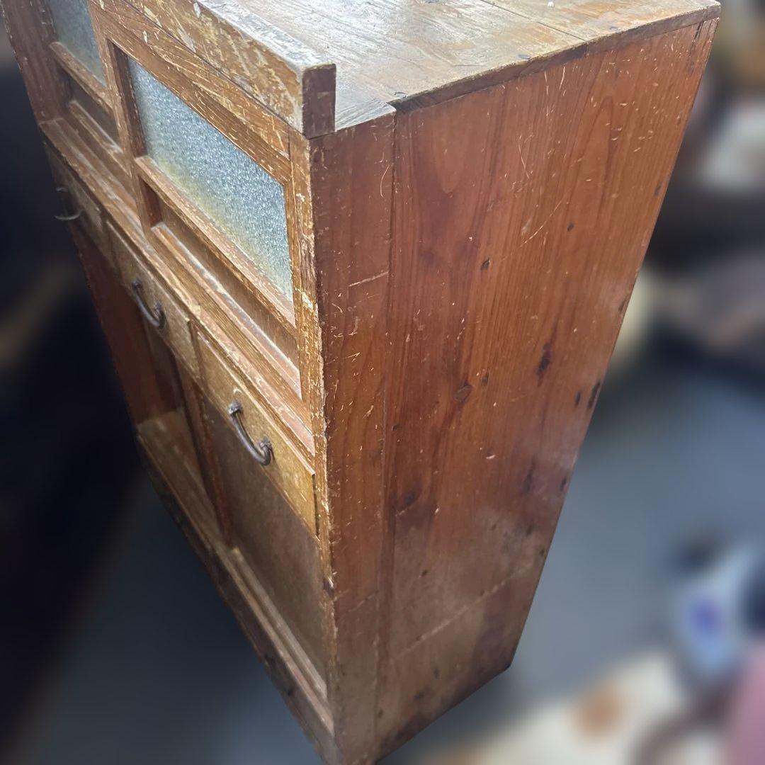 ヴィンテージ　大正ガラス❗️木製ブラウンチェスト 5引き出し ガラス窓付き