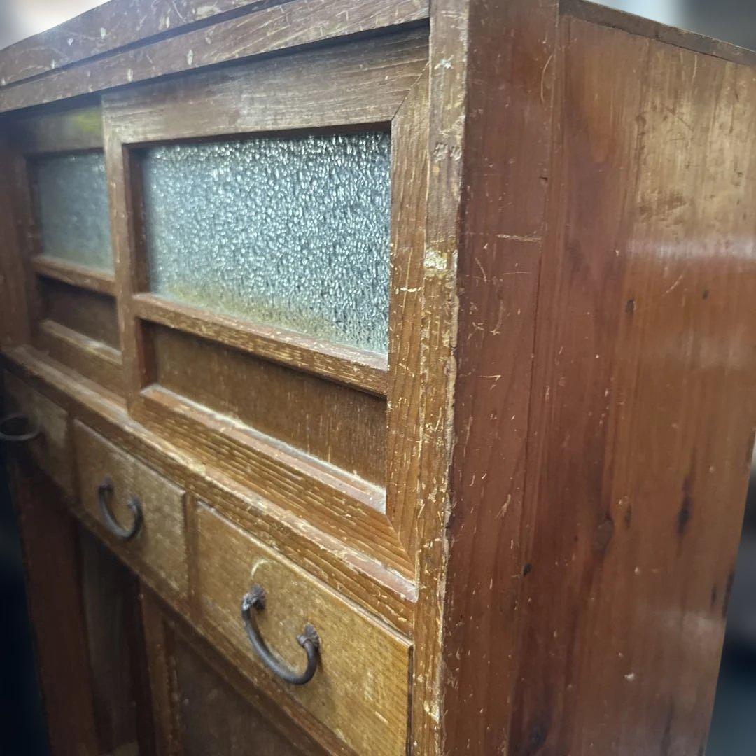 ヴィンテージ　大正ガラス❗️木製ブラウンチェスト 5引き出し ガラス窓付き