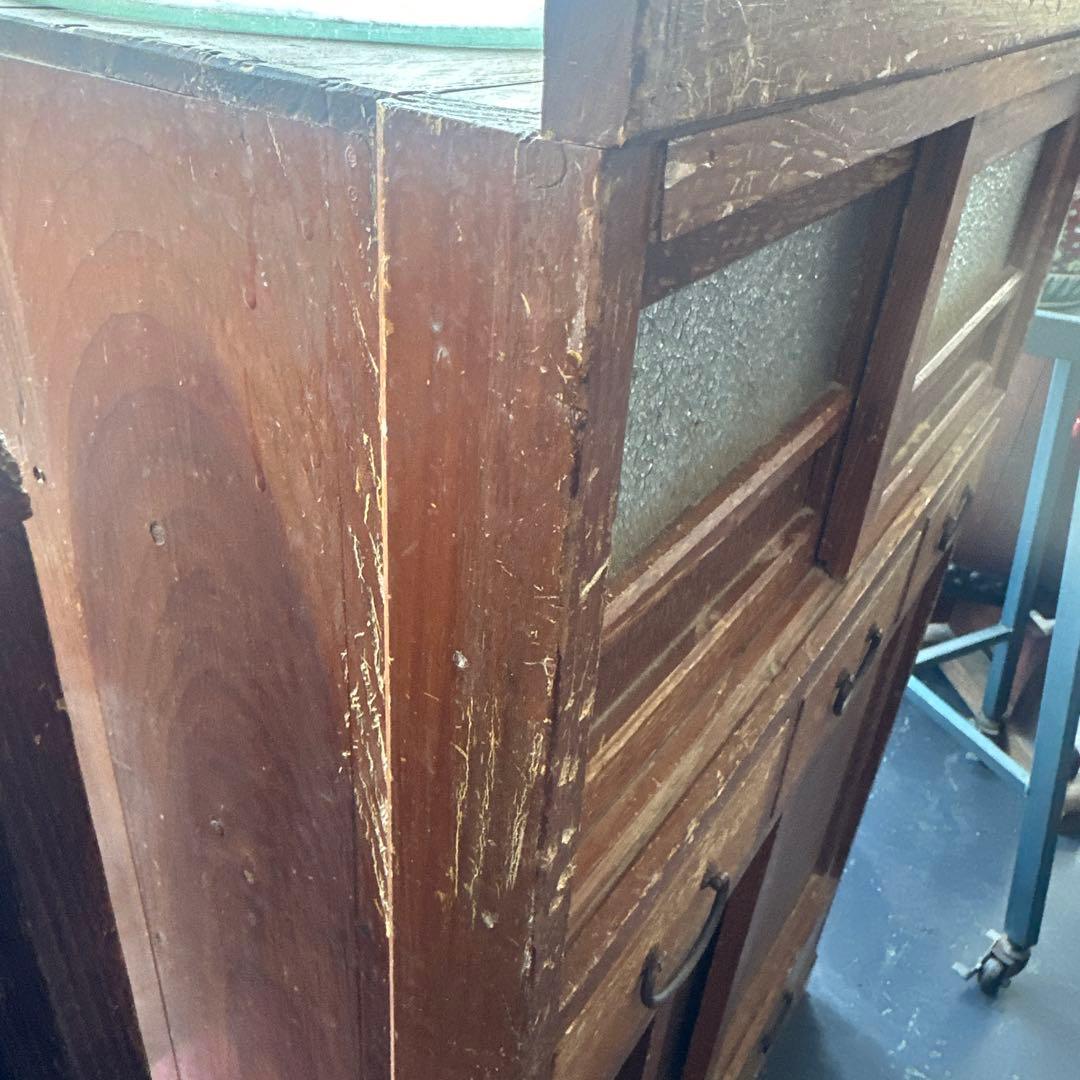 ヴィンテージ　大正ガラス❗️木製ブラウンチェスト 5引き出し ガラス窓付き