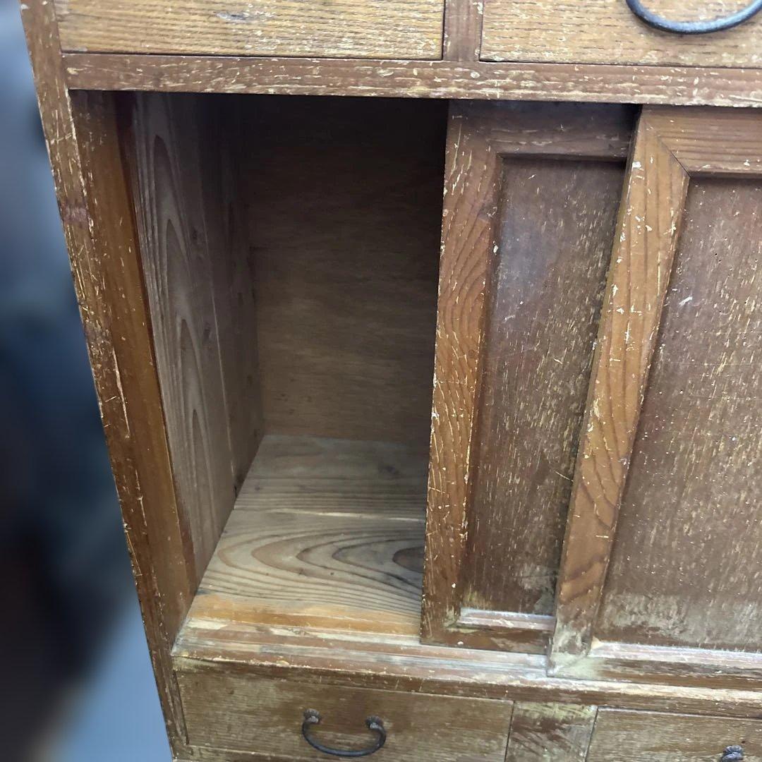 ヴィンテージ　大正ガラス❗️木製ブラウンチェスト 5引き出し ガラス窓付き