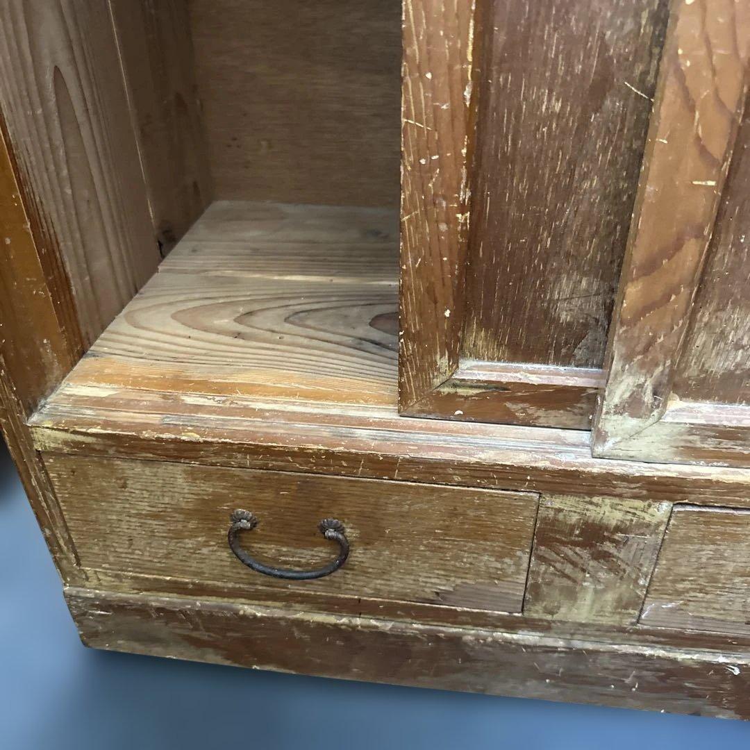 ヴィンテージ　大正ガラス❗️木製ブラウンチェスト 5引き出し ガラス窓付き