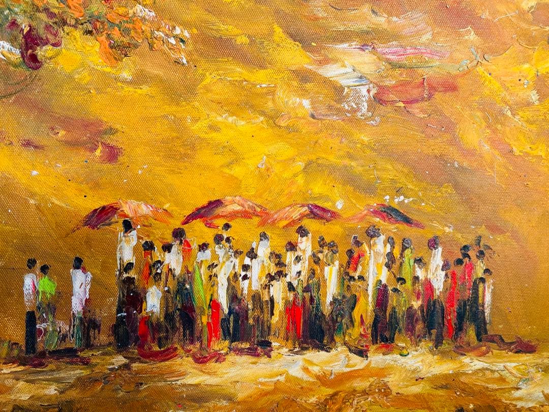 油絵 人々と傘のシーン 大きめフレーム