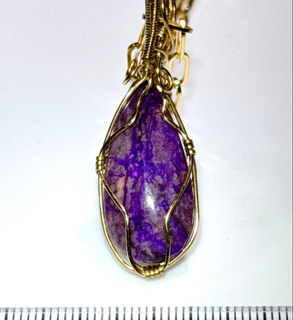パープルスギライトワイヤーペンダント真鍮金メッキネックレスNO25-2228