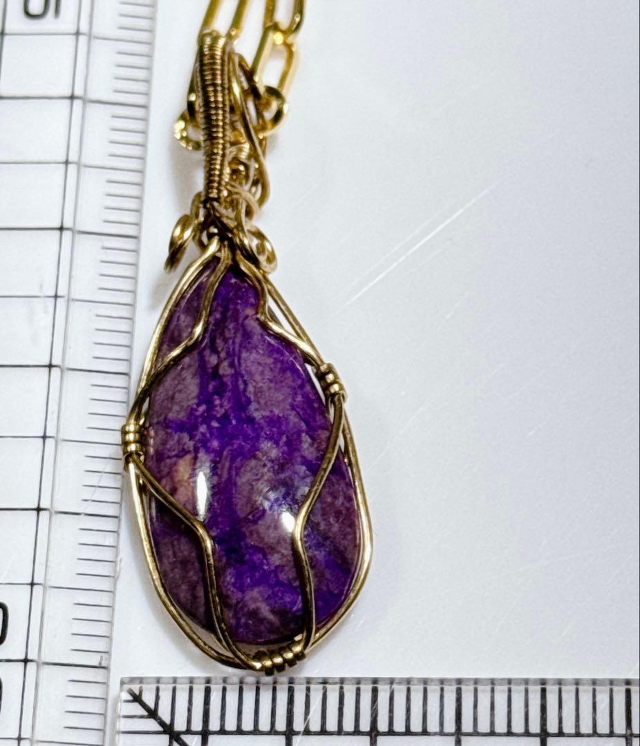 パープルスギライトワイヤーペンダント真鍮金メッキネックレスNO25-2228