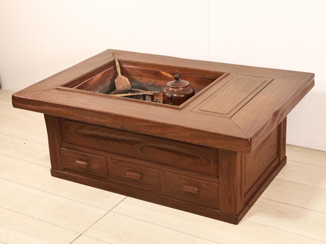 BE419　時代家具　関西火鉢　３尺　天板厚５㎝　純銅製 酒燗器 火箸 灰ならし