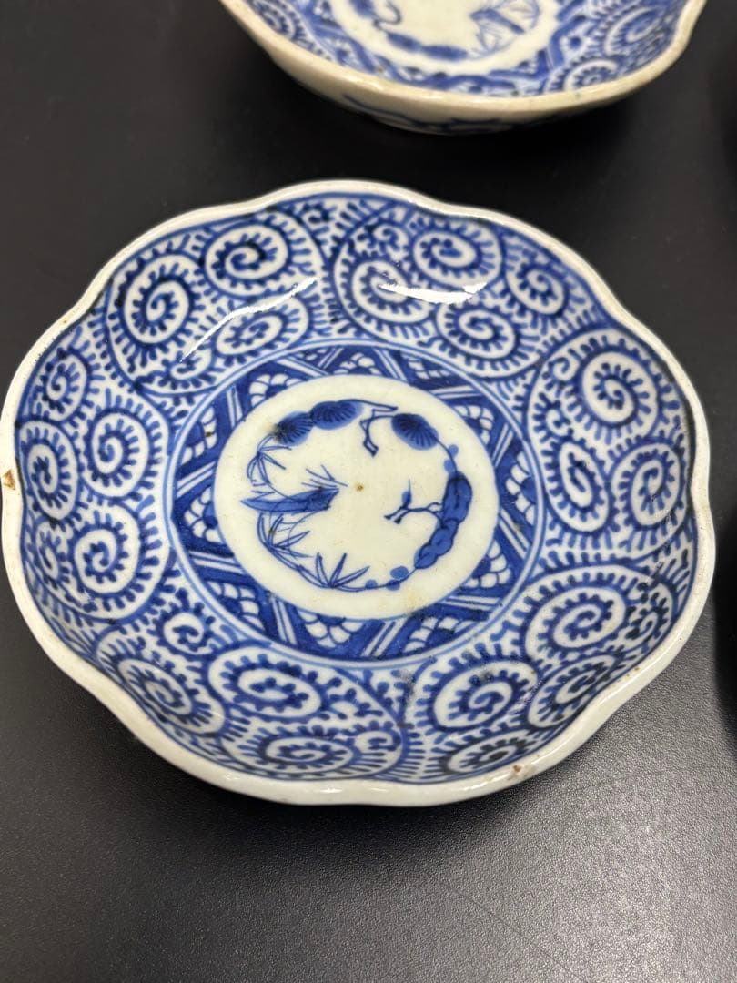 江戸時代後期 古伊万里 染付蛸唐草文 成化年製 輪花型 向付 豆皿 小皿 幕末期