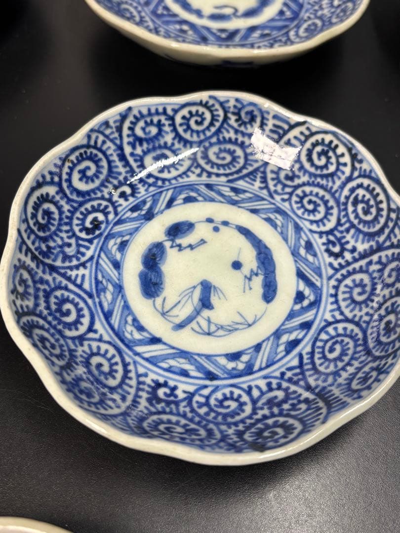 江戸時代後期 古伊万里 染付蛸唐草文 成化年製 輪花型 向付 豆皿 小皿 幕末期