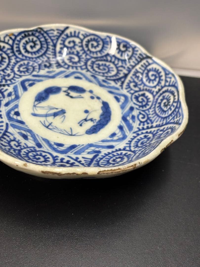 江戸時代後期 古伊万里 染付蛸唐草文 成化年製 輪花型 向付 豆皿 小皿 幕末期