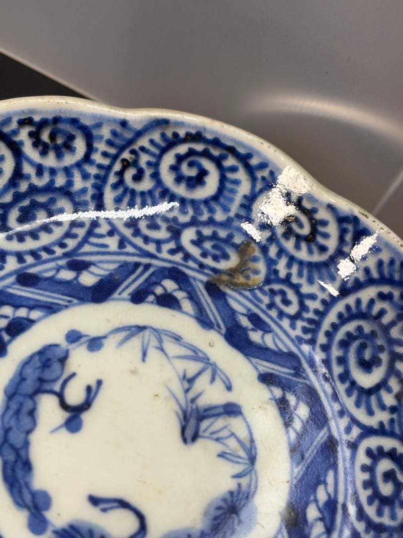 江戸時代後期 古伊万里 染付蛸唐草文 成化年製 輪花型 向付 豆皿 小皿 幕末期