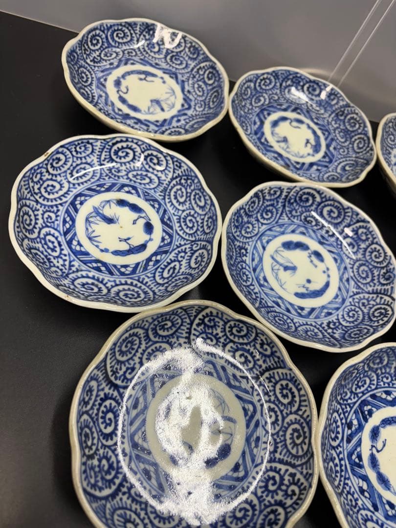 江戸時代後期 古伊万里 染付蛸唐草文 成化年製 輪花型 向付 豆皿 小皿 幕末期