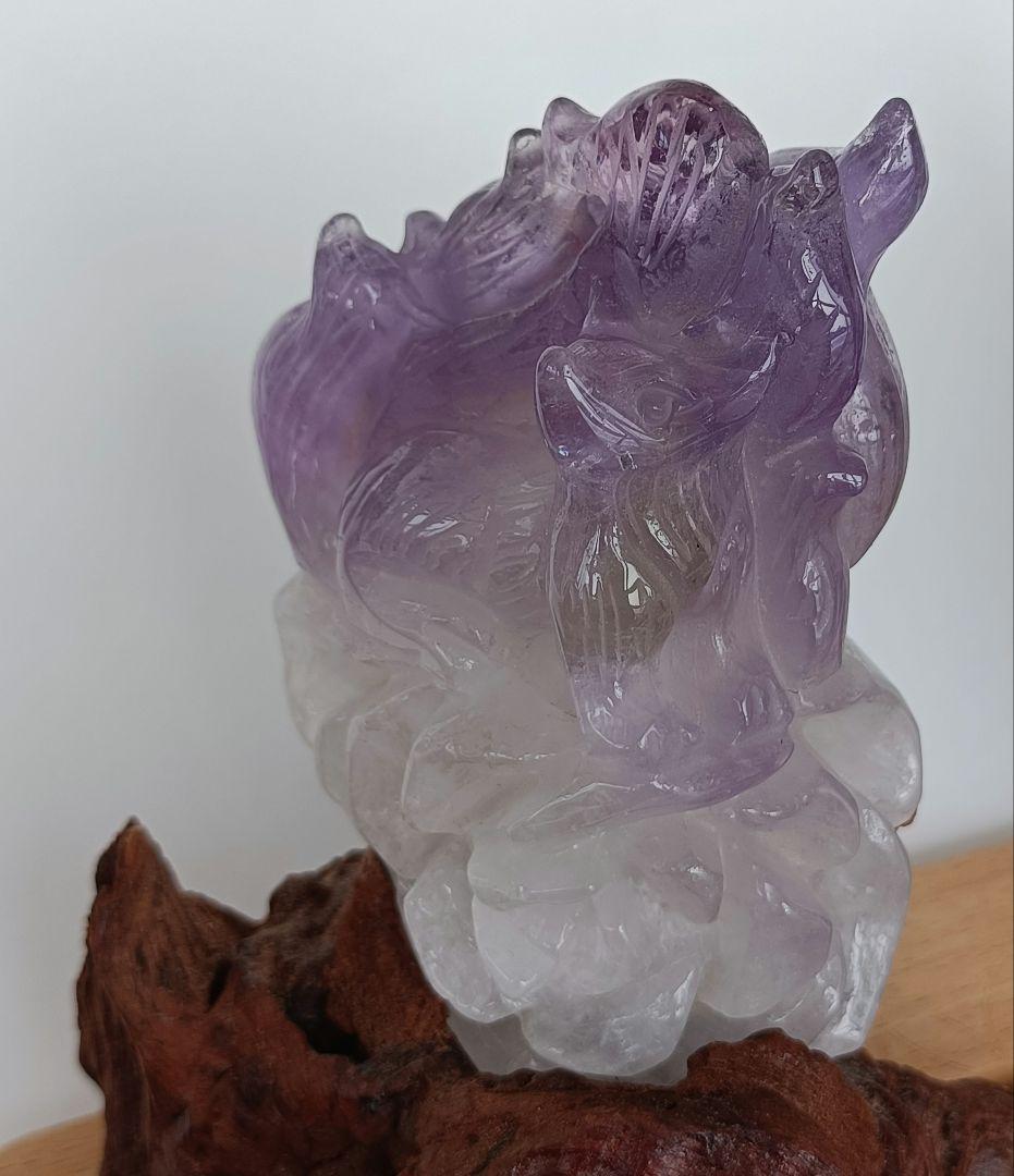 アメジスト手彫り 九尾の狐置物 特注台座付き 1部アメトリン