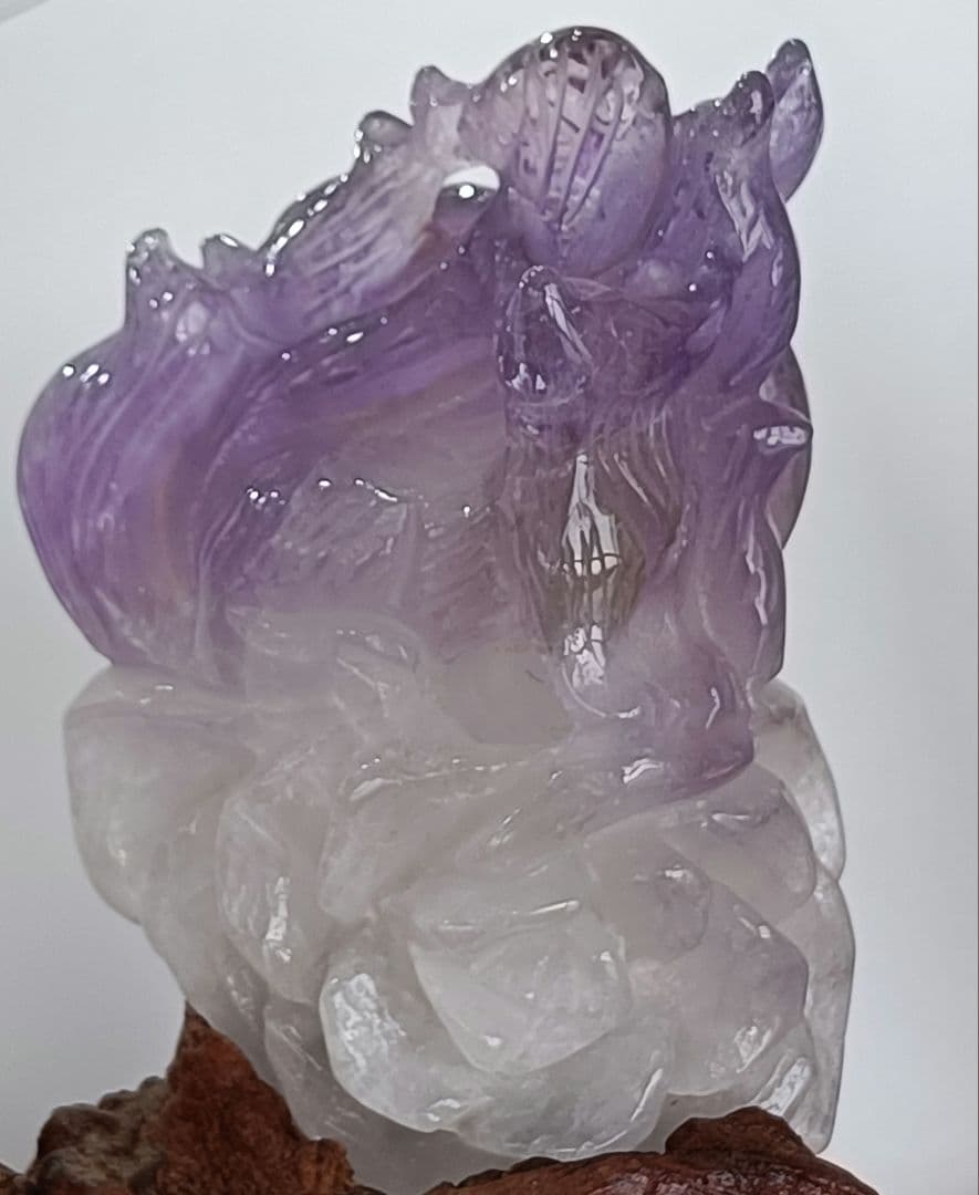 アメジスト手彫り 九尾の狐置物 特注台座付き 1部アメトリン