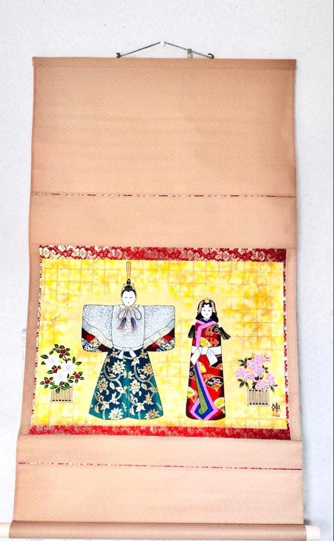 極美品　ひな祭り 雛人形 掛け軸 高級 黄金色 縁起物 風水 運気上昇 桃の節句