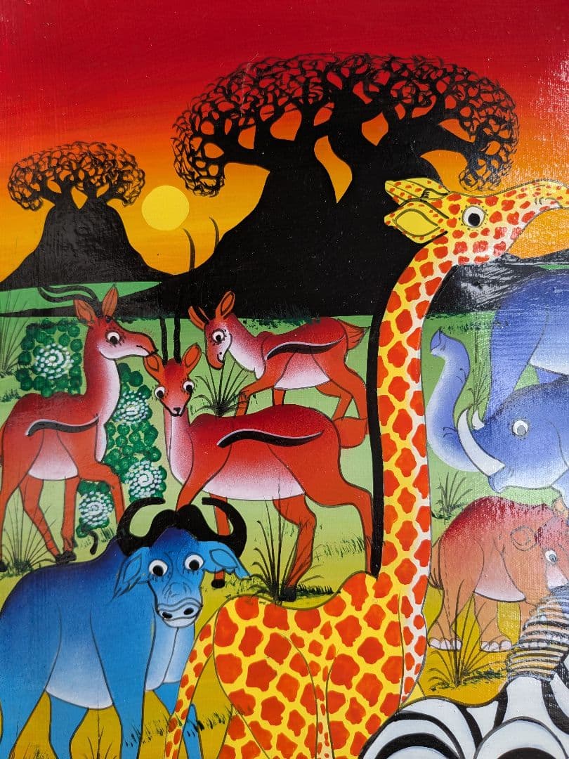 ●アフリカの絵画、ティンガティンガ、夕暮れ時のサバンナ、30×40cm