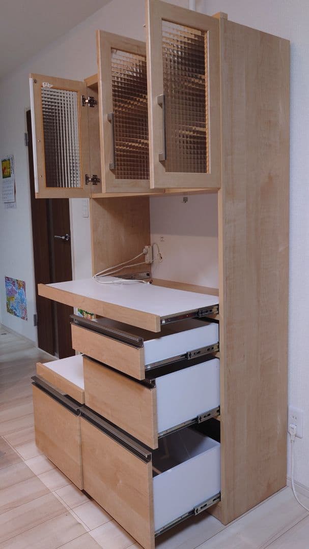 365@_幅90cm 日本製 木製食器棚 レンジボード ガラス扉付き