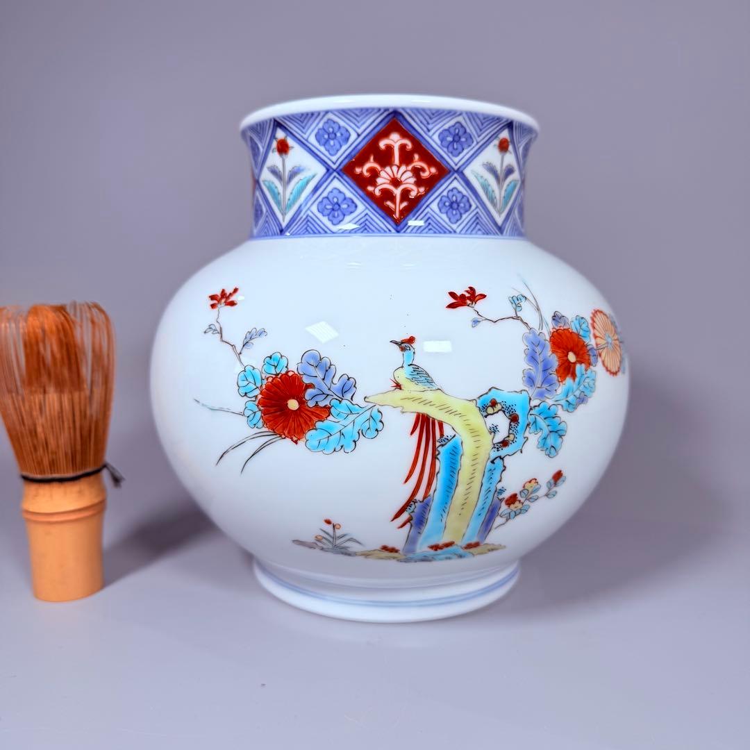 大正～昭和初期　柿右衛門　染錦柳小鳥絵丸胴型花器　共箱　渦福　小畑秀吉