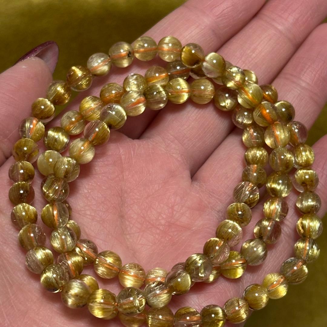 最高品質 タイチン ルチルクォーツ 3連 ブレスレット 一点物 6mm 天然石