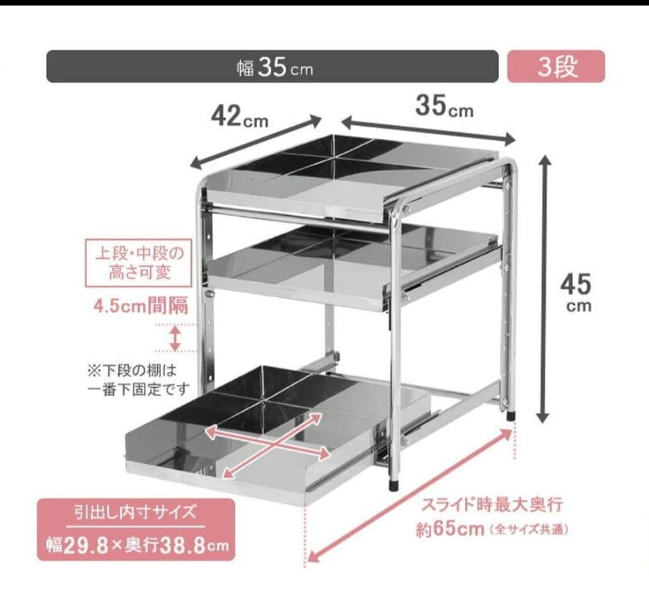 【日本製】 シンク下 収納 スライド ラック 3段 燕三条製※一部地域配送無料