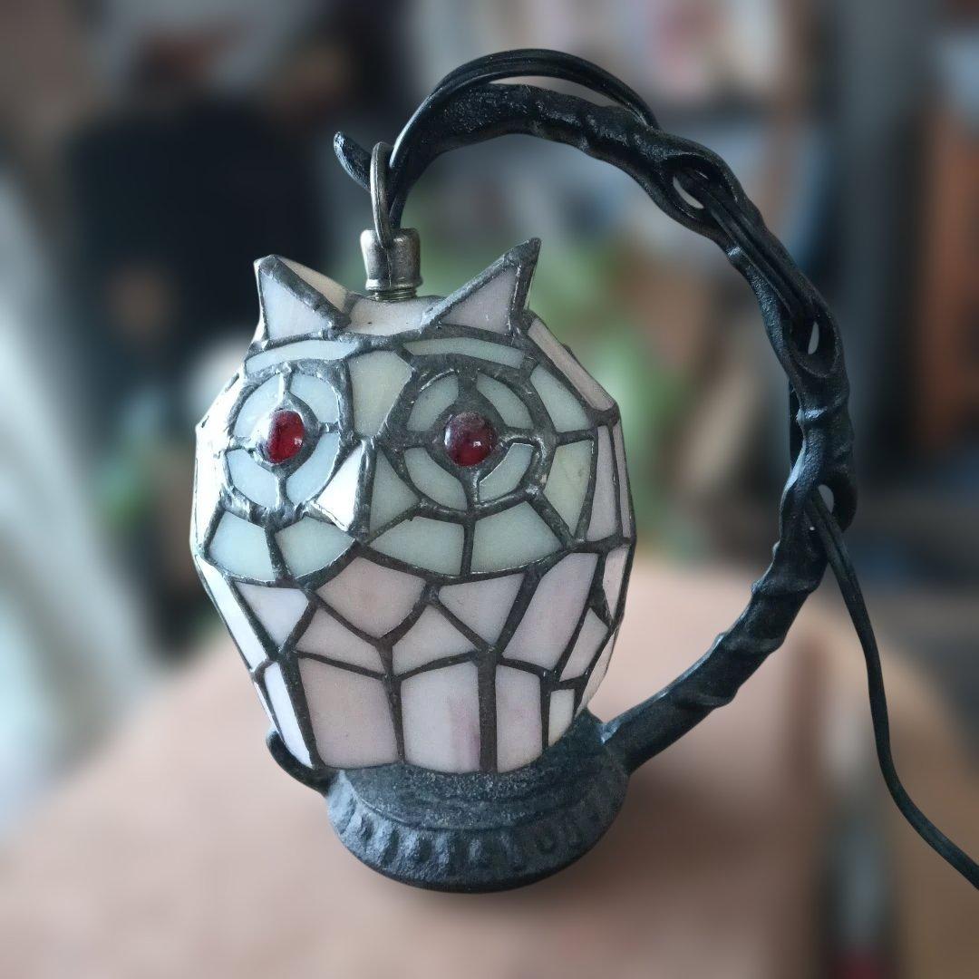 フクロウモザイクランプ　アールデコ調ステンドグラス　LEDライト付