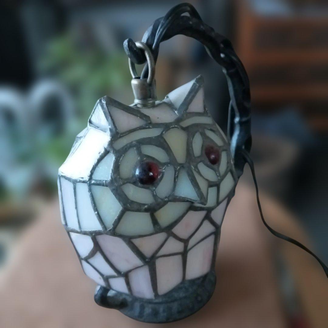 フクロウモザイクランプ　アールデコ調ステンドグラス　LEDライト付