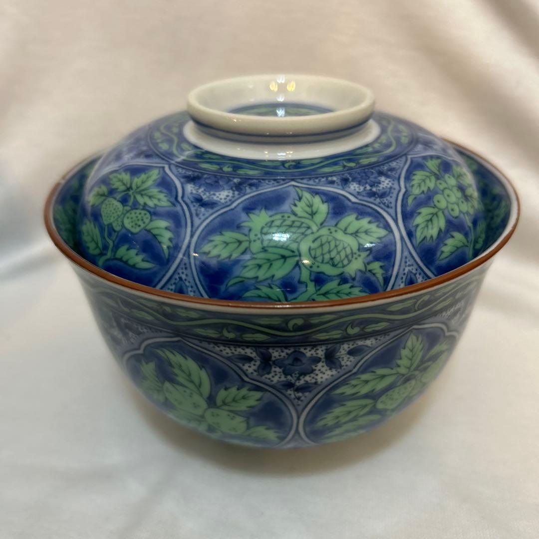 庫山窯　青華緑彩　蓋付きどんぶり　5客